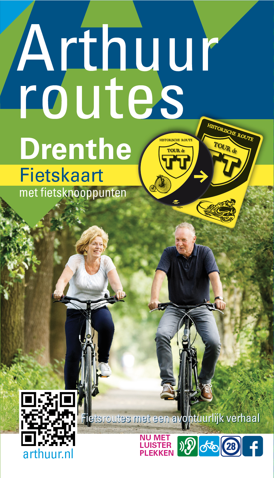 Afbeelding van de cover van de Arthuur fietsknooppuntenkaart Drenthe met twee fietsers op fiuetspad in het bos.