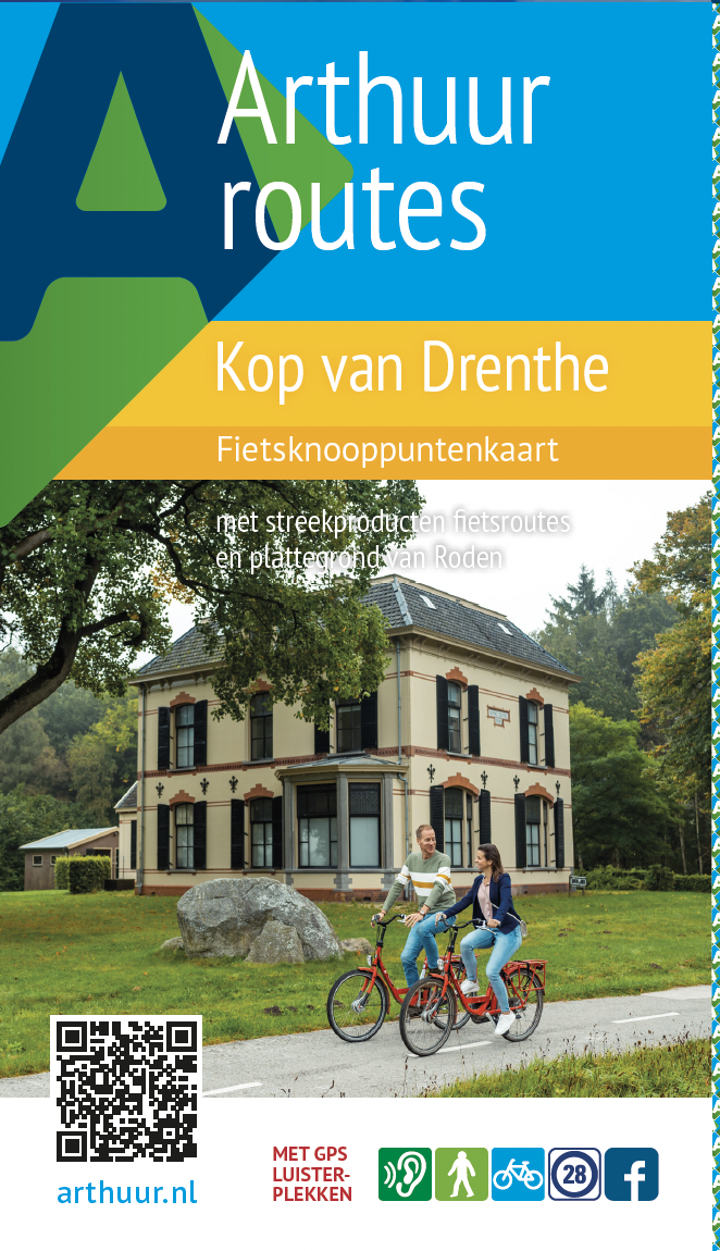 Cover fietsknooppuntenkaart Kop van Drenthe met titel en foto met twee actieve fietsers.