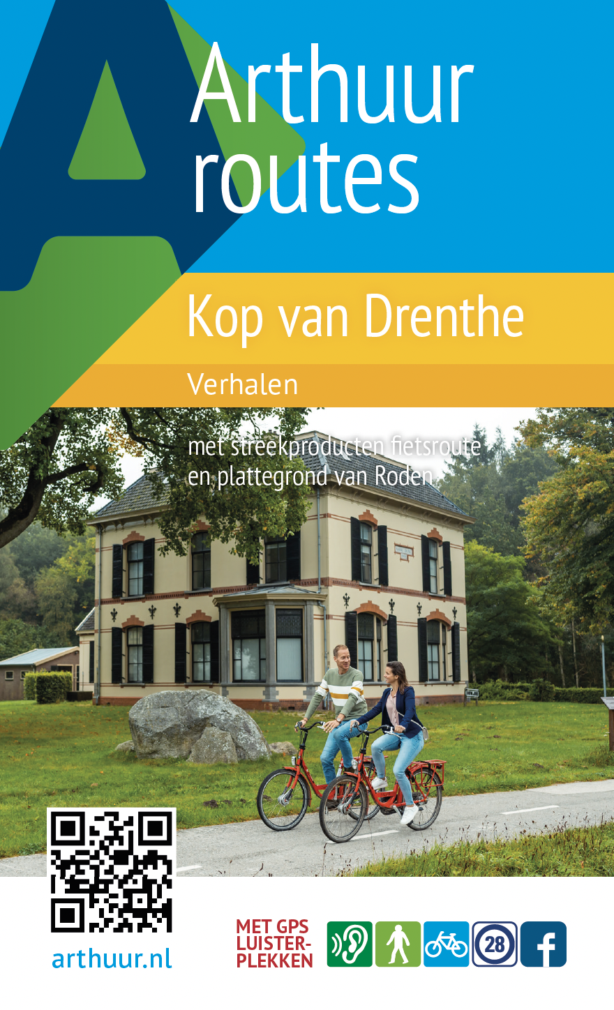 Arthuur Routes routeverhalen brochure Kop van Drenthe met titel en foto met twee actieve fietsers.