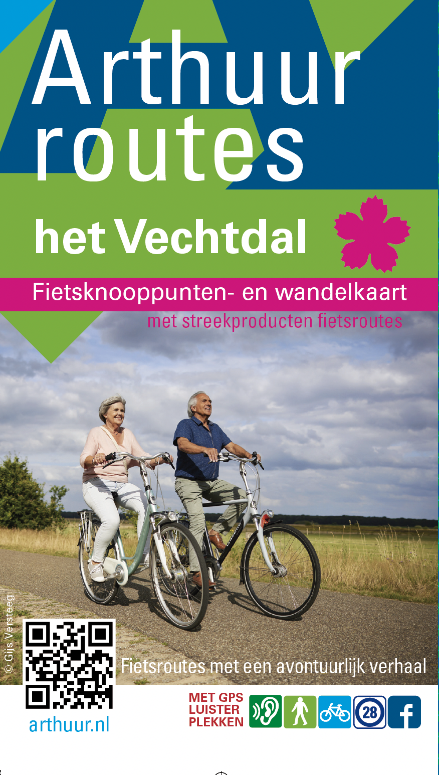 Op de cover van de Arthuur routes fietsknooppuntenkaart het Vechtdal staat de titel en foto met daarop twee fietsers van middelbare leeftijd.